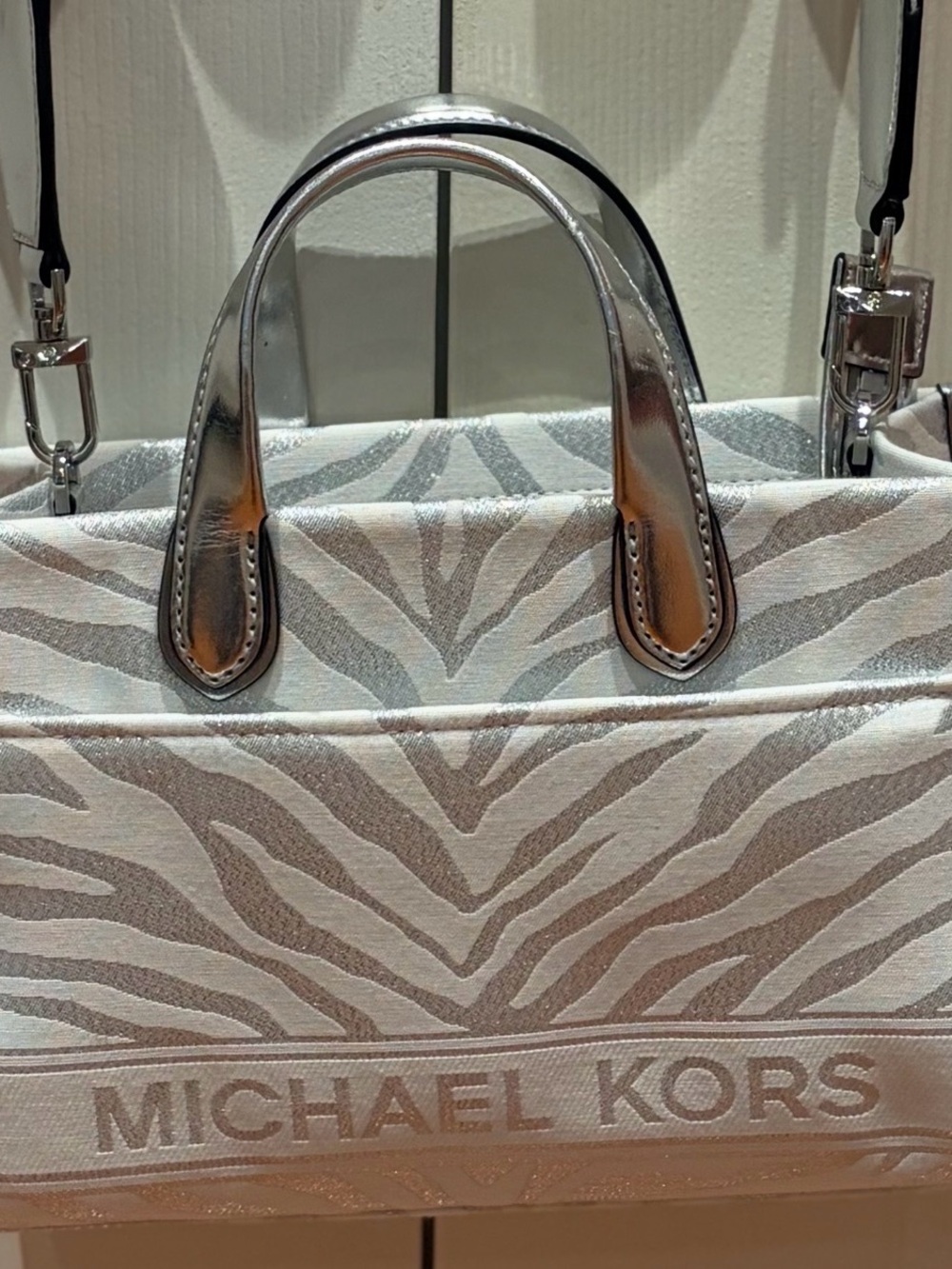 Michael Kors Gigi Small Silver Metallic Zebra Messenger Tote - Excellent!